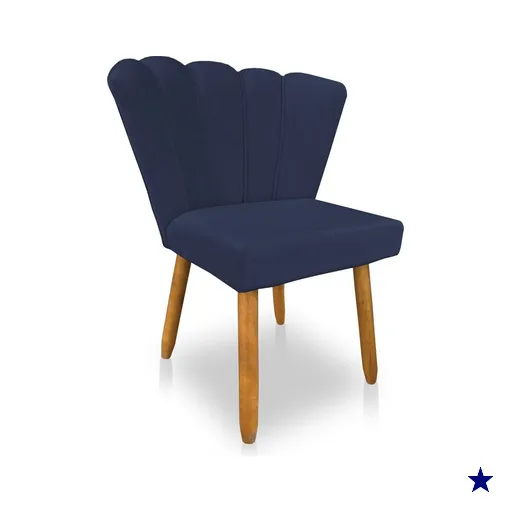 Cadeira Poltrona Flor Veludo Azul Marinho  Pés Palito Castanho - Pallazio