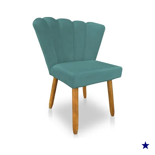 Cadeira Poltrona Flor Veludo Azul Turuqesa Pés Palito Castanho - Pallazio