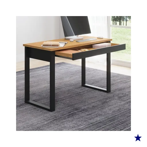 Mesa Escrivaninha Industrial 1 Gaveta 100% Mdf Freijó/preto Fosco F24 - Pradel