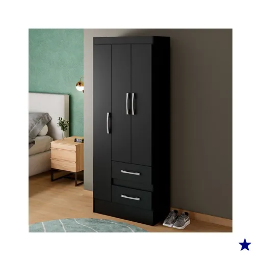 Guarda-Roupa Solteiro Sartori 3 Portas 2 Gavetas  Preto - Pnr Móveis
