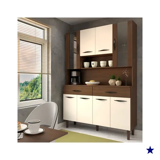 Armário de Cozinha Kit 8 Portas 2 Gavetas com Vidro Ripado 3d Nogueira/Off…
