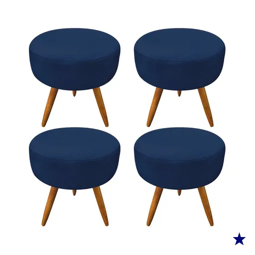 Kit 4 Puffs Banqueta Redonda Nina Suede Azul Marinho Pés Palito Castanho -…
