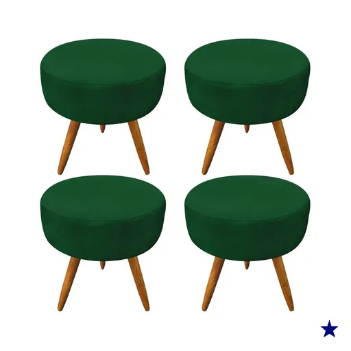 Kit 4 Puffs Banqueta Redonda Nina Suede Verde Pés Palito Castanho - Pallazio
