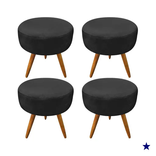 Kit 4 Puffs Banqueta Redonda Nina Suede Preto Pés Palito Castanho - Pallazio