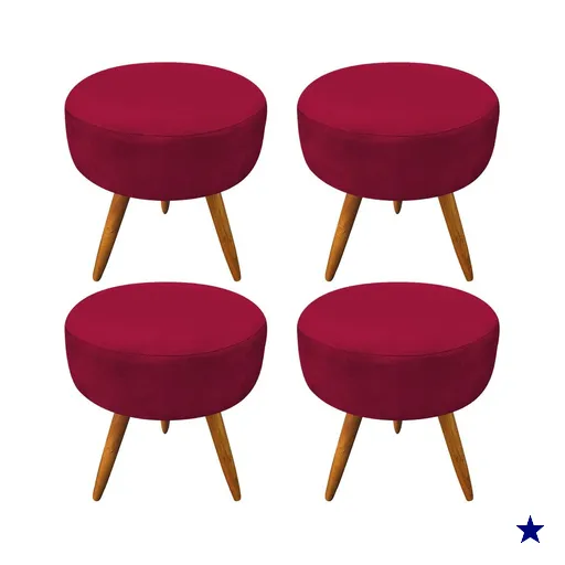 Kit 4 Puffs Banqueta Redonda Nina Suede Vermelho Pés Palito Castanho - Pallazio