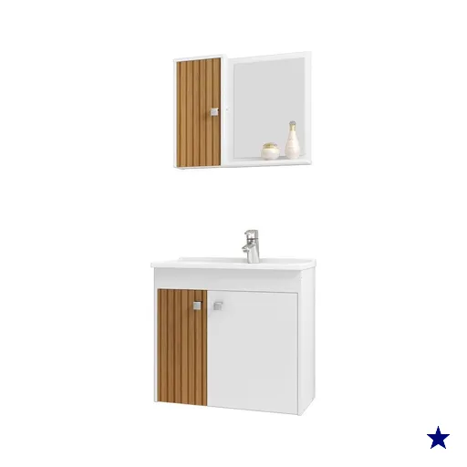 Gabinete Espelheira E Cuba Branca 70cm Munique Branco Ripado BECHARA