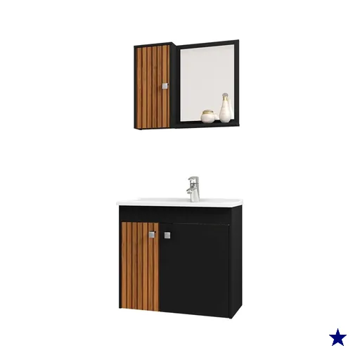 Gabinete Espelheira E Cuba Branca 70cm Munique Preto Fosco Ripado BECHARA