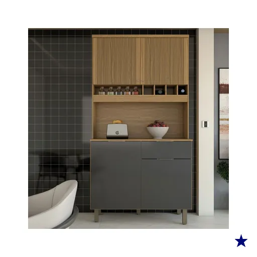 Cozinha Compacta Luz 1 Gaveta 4 Portas 100% Mdf Amêndoa/Chumbo - Panorama…