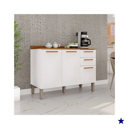 Balcão de Cozinha 120 Cm Rubi 3 Portas 2 Gavetas Branco/Cinamomo - Pnr Móveis