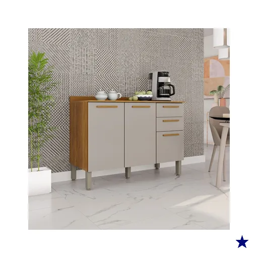Balcão de Cozinha 120 Cm Rubi 3 Portas 2 Gavetas Cinamomo/Off White - Pnr…
