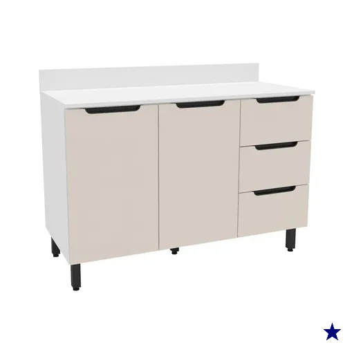 Balcão de Cozinha 120 Cm Meena 2 Portas 3 Gavetas Branco/Creme - Politorno