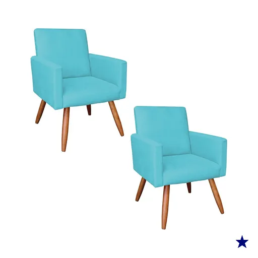 Kit 2 Poltronas Nina Suede Azul Turquesa Pés Palito Castanho - Pallazio