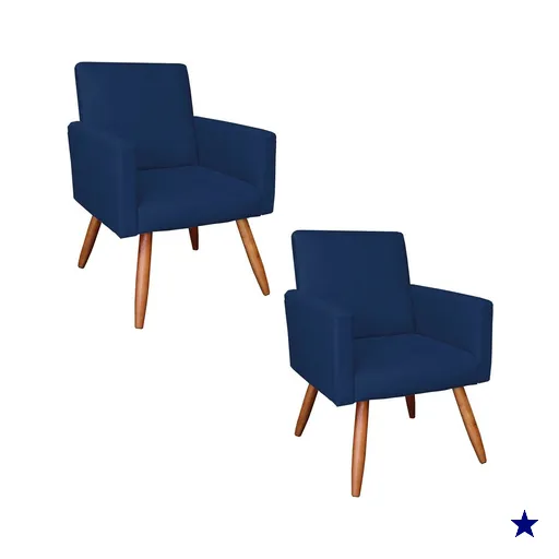 Kit 2 Poltronas Nina Suede Azul Marinho Pés Palito Castanho - Pallazio