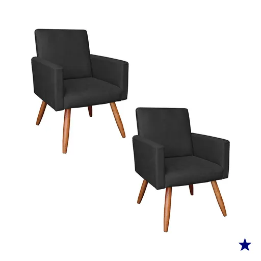 Kit 2 Poltronas Nina Suede Preto Pés Palito Castanho - Pallazio