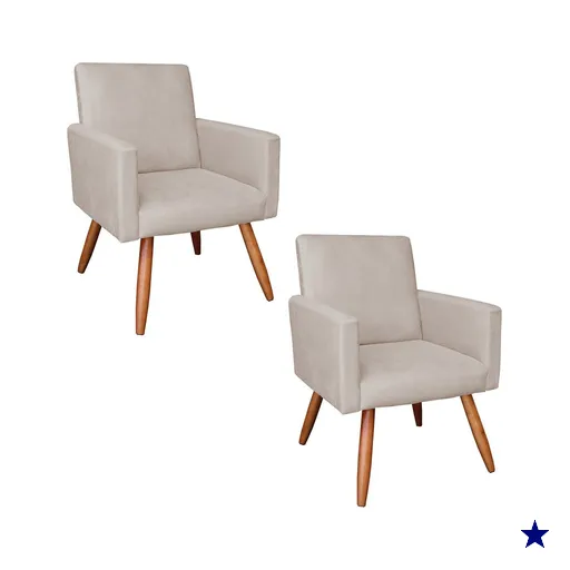 Kit 2 Poltronas Nina Suede Bege Pés Palito Castanho - Pallazio