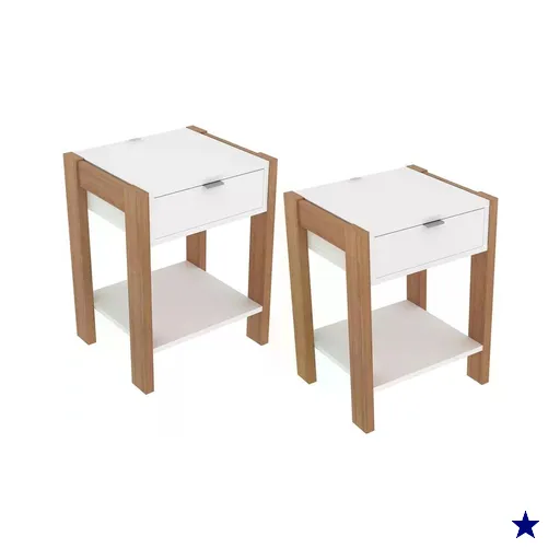 Kit 02 Mesa de Cabeceira Com Tomada 1 Gaveta AZ1016 Amendoa Branco Tecno Mobili