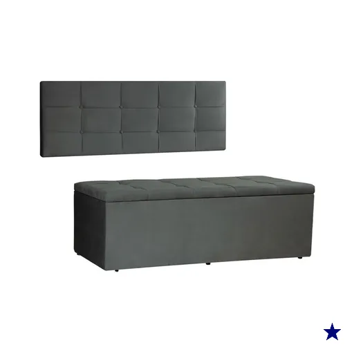 Kit Painel e Calçadeira Baú Solteiro 0,90m Roma Suede Cinza - Pallazio