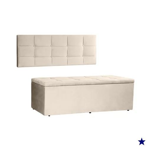 Kit Painel e Calçadeira Baú Solteiro 0,90m Roma Suede Bege - Pallazio