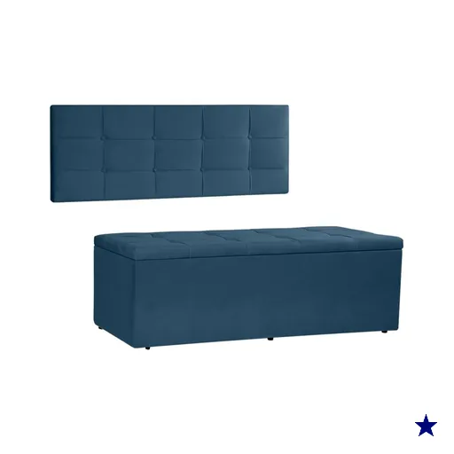 Kit Painel e Calçadeira Baú Solteiro 0,90m Roma Suede Azul Marinho - Pallazio