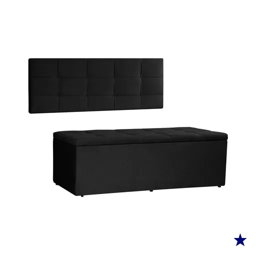 Kit Painel e Calçadeira Baú Solteiro 0,90m Roma Suede Preto - Pallazio
