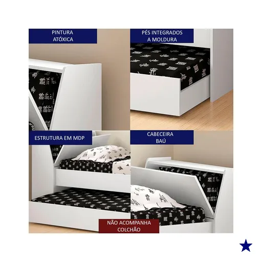 Cama Solteiro Bicama Cabeceira Bau 220x88 BB28 Branco Dtall