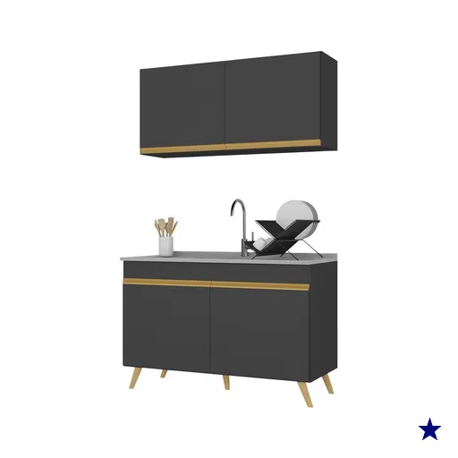 Armário de Cozinha Compacta 120cm Veneza Multimóveis V3748 Preto/Dourado
