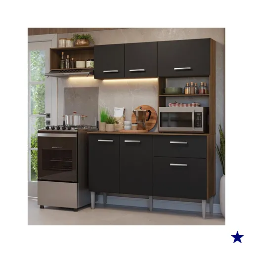 Armário de Cozinha Compacta 196cm Rustic/Preto Aura Madesa