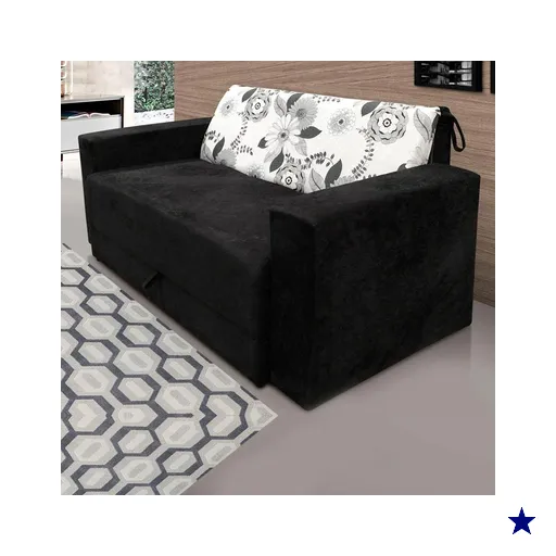 Sofá-Cama 2 Lugares Pratik 5000 Mamflex Preto/Cinza Floral Suede Amassado