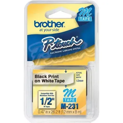 Fita Brother M-231 de 12mm x 8M, Preto sobre Branco