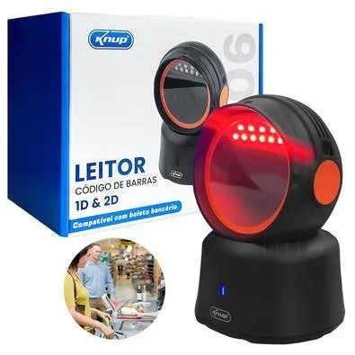 Leitor Código De Barras Com Fio Knup, 1D 2D, Fixo Mesa, QRCODE, USB, 5V