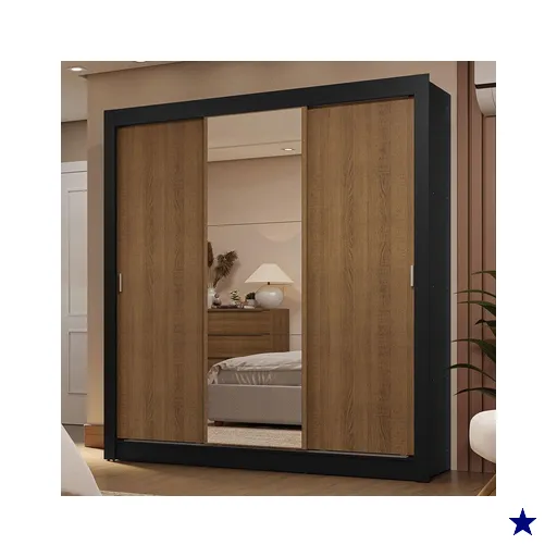 Guarda-Roupa Casal 3 Portas de Correr com Espelho 2 Gavetas Preto/Rustic…