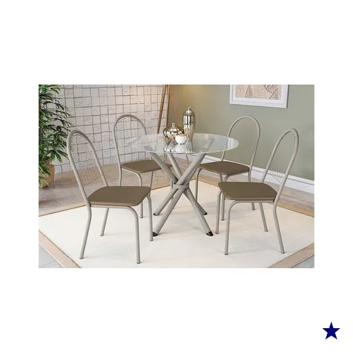 Sala de Jantar Completa Volga c/ Tampo de Vidro 95cm e 4 Cadeiras Noruega…