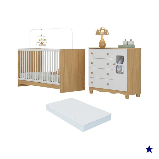 Berço 3 em 1 com Colchão Incluso e Cômoda 1 Porta 4 Gavetas Luna…