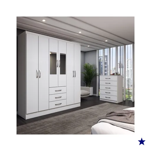 Guarda-Roupa Casal Emma 6 Portas 3 Gavetas e Espelho com Cômoda 5 Gavetas…