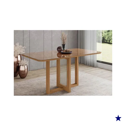Mesa de Sala Jantar Natalí SC71 c/ Tampo Madeirado c/ Vidro Curvo 160x90cm…