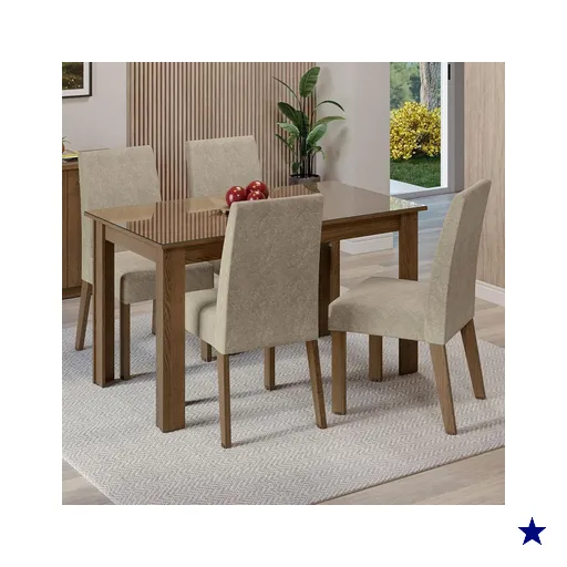 Conjunto Sala de Jantar Mesa Tampo de Vidro 4 Cadeiras Rustic/Imperial Antônia…