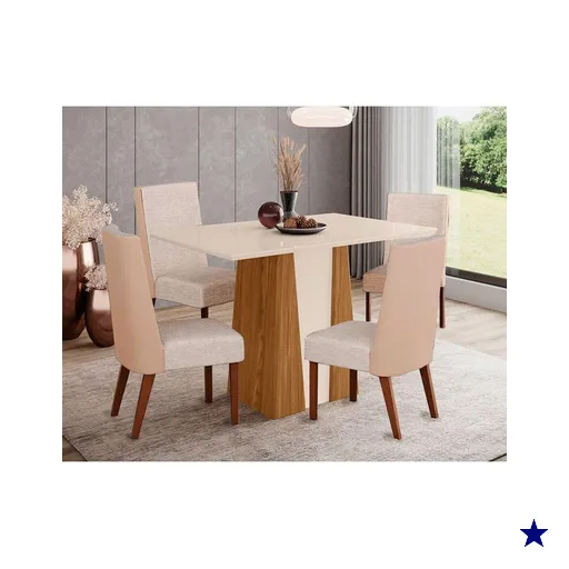 Sala de Jantar Completa Orus Tampo Madeirado c/ Vidro 120x80cm e 4 Cadeiras…