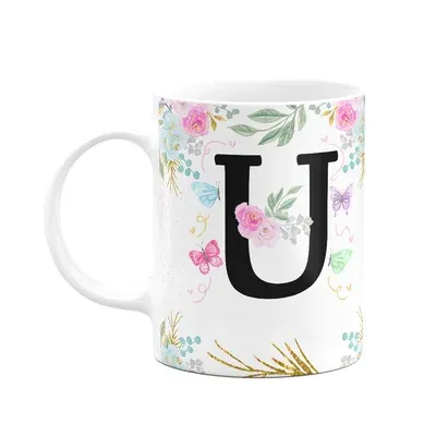 Caneca Floral - Inicial Do Nome Letra U - 325ml