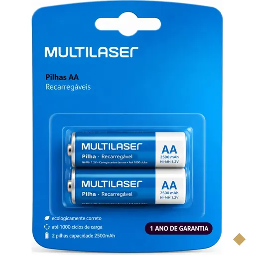 2 Pilhas Recarregáveis AA 2500mAh CB053 - Multilaser