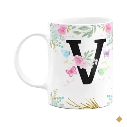 Caneca Floral - Inicial Do Nome Letra V - 325ml