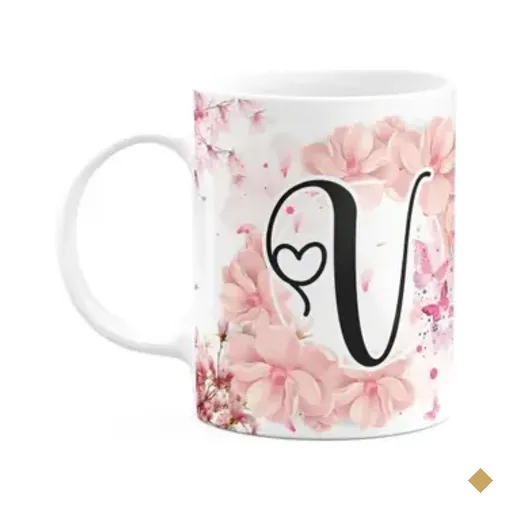 Caneca Floral Religiosa - Inicial Do Nome Letra V - 325ml