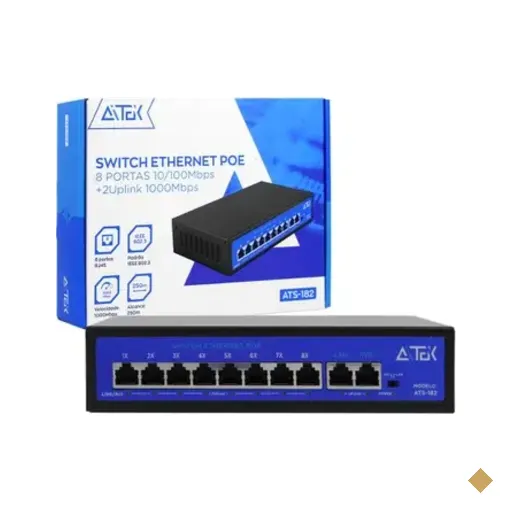 Switch Poe 8 Portas 10/100mbps 2 Portas Uplink Gigabit Bivolt Para Câmeras…