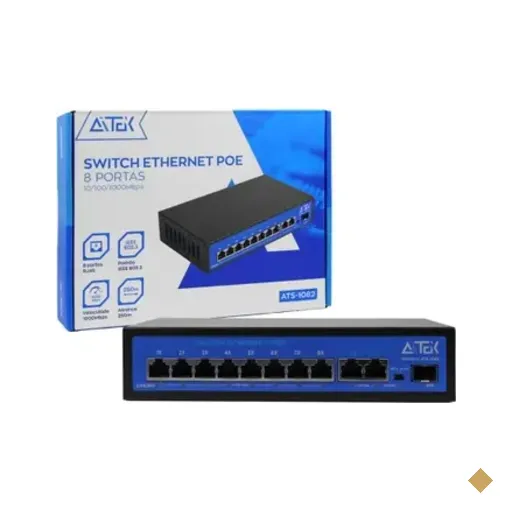 Switch Poe 8 Portas 10/100/1000mbps 2 Uplink Rj45 E Porta Sfp Para Câmeras Ip