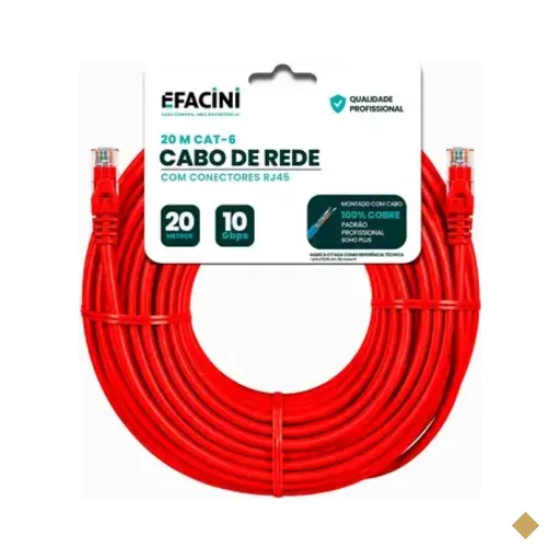 Cabo De Rede Efacini Vermelho Cat6 Ef-Connect 100% Cobre, Anatel 20 Metros