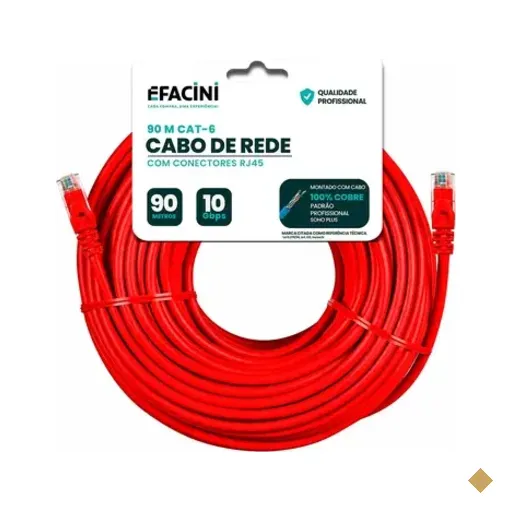 Cabo De Rede Efacini Vermelho Cat6 Ef-Connect 100% Cobre, Anatel 90 Metros