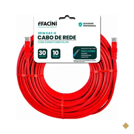 Cabo De Rede Efacini Vermelho Cat6 Ef-Connect 100% Cobre, Anatel 30 Metros