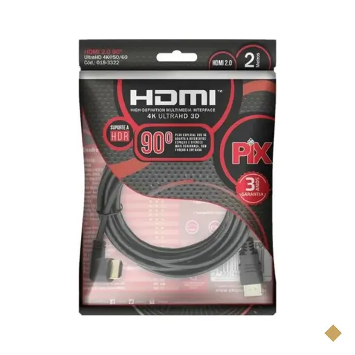 Cabo HDMI 2m v2.0 TV 3D/ULTRA HD 4K (Plug 90 Graus) Preto - PIX 018-3322