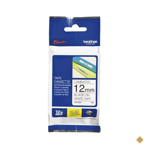 Fita para rotulador Brother TZE, 12mm x 8m, Branca, Escrita preta plástica…