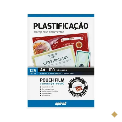 Plástico para plastificação, 125 Micras, 220mm x 307mm x 0,05mm, A4, 02342…
