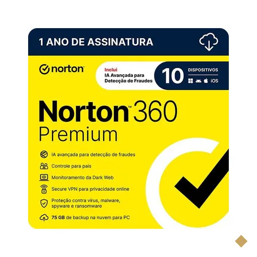 Norton Antivírus 360 Premium 10 dispositivos, Licença 12 meses, Digital…